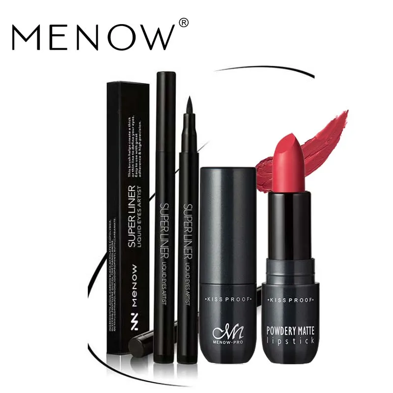 Menow бренд Make Up Set Водонепроницаемый жидкости Подводка для глаз карандаш и матовая поцелуй доказательство Губная Помада прочного косметический Комбинации Прямая поставка 5316