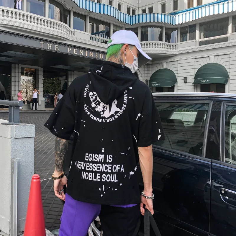 Dark Icon Foil Paint Splatter Men's T-shirt with Hoodie Summer Short Sleeve Hooded Tshirt 2019 Street Tee Shirts Man Clothing