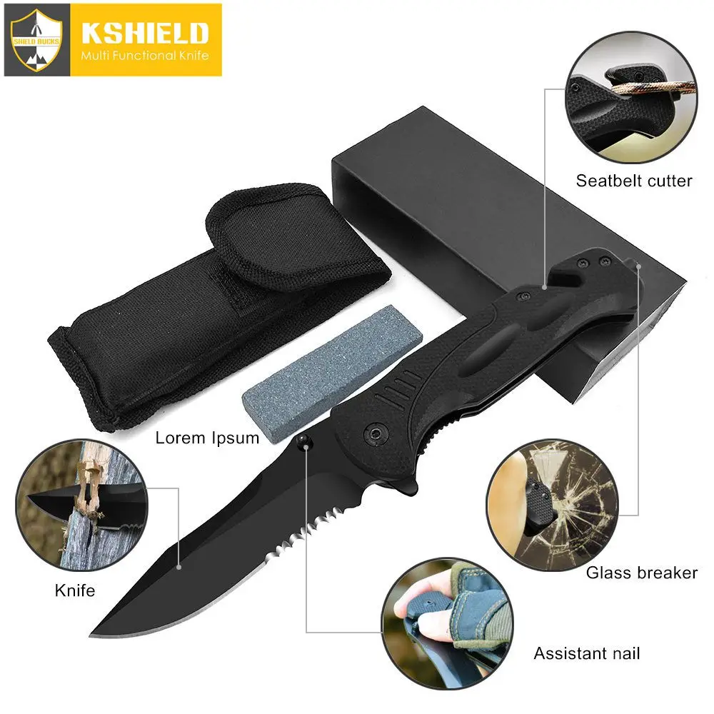 

KSHIELD Folding Knife Outdoor Camping Military Survival Hunting Handmade Knives Multitool G10 Multifunction With Whetstone