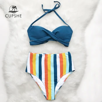 

CUPSHE Solid Blue And Stripe High-Waisted Bikini Sets Women Lace up Halter Two Pieces Swimsuits 2020 Boho Beach Bathing Suits