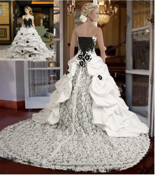 Новое поступление Элегантное Длинное платье без бретелек черно-белое свадебное платье в готическом стиле бальное платье атласное и кружевное свадебное платье