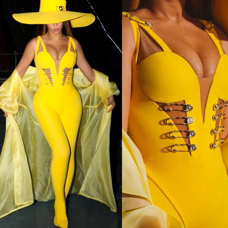 

2019 new arrival high quality yellow v neck straps bandage jumpsuits wholesale dropshipping
