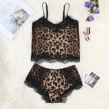 

Leopard Print Satin Pijama Sets Women Lace Trim Lingerie Set V Neck Sleeveless Cami Pajamas Women Camis and Shorts Pajama Set