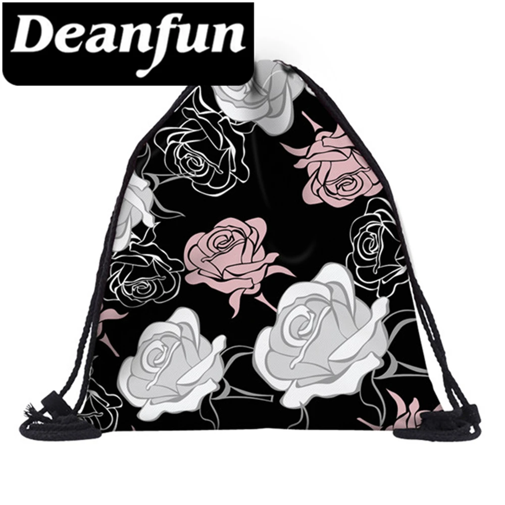 

Deanfun 3D Printed Drawstring Bag Black Rose Flower Fashion School bags for Women Travel