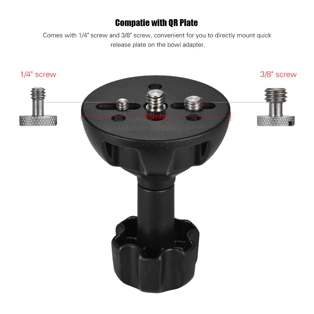 Aluminum Alloy 75mm Half Ball Flat to Bowl Adapter with 1/4" and 3/8" Screws for Fluid Head Tripod DSLR Rig Camera