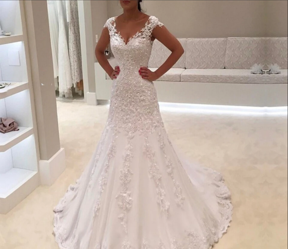 

Robe de mariage Sexy V Neck Short Sleeves Lace Mermaid Wedding Dress 2019 beaded Bridal Gowns Custom Made Vestido de Noiva