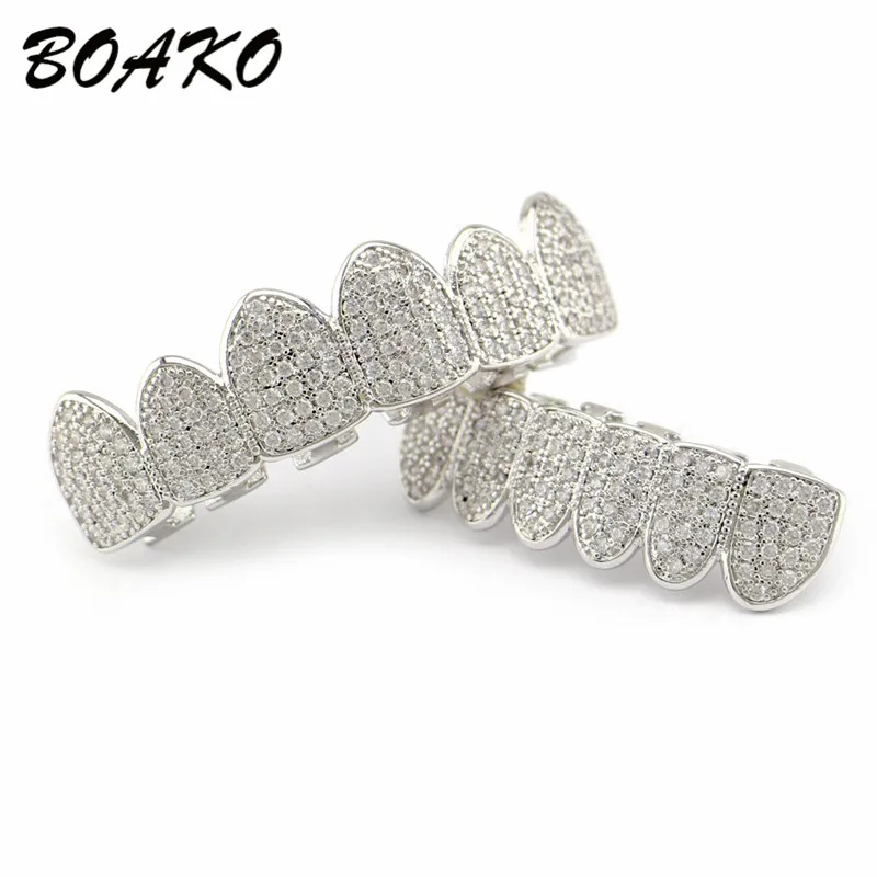 BOAKO хип хоп Iced Out Grillz Топ и низ CZ зубы Grillz панк грили стоматологические золотые серебряные зуб шапки Rapper ювелирные изделия вечерние подарки