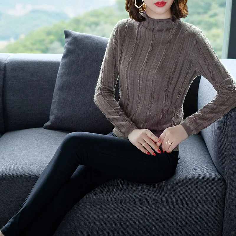 Solid elastic knit long sleeve sweater shirts 2018 new stand neck tassel women autumn basic sweater