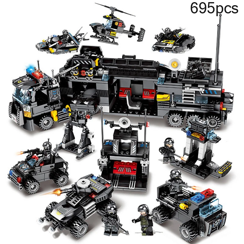 

8 in 3 SWAT City Police Helicopter Truck Motorcycle Assembled Building Block Soldier Figures Compatible Legoings Weapon Gun Toys
