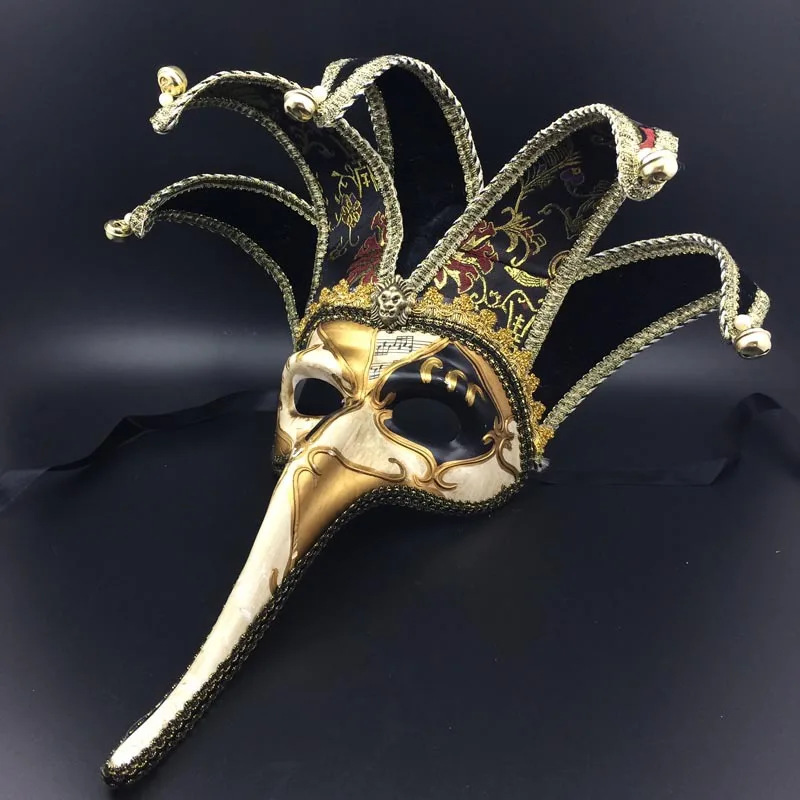GNHYLL черный/красный пять рогов длинный нос Phantom опера Венецианская маска с колокольчиком ручной работы полное лицо косплей Хэллоуин маска для вечеринки реквизит - Цвет: Черный