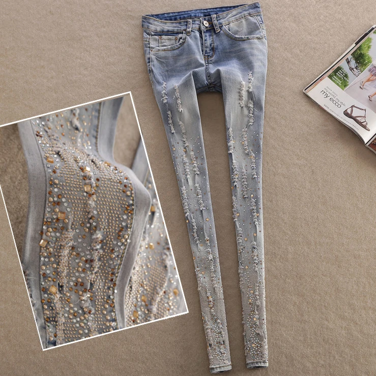 Женские джинсы карандаш с алмазной вышивкой большие размеры 4xl|trousers women jeans|skinny jeans