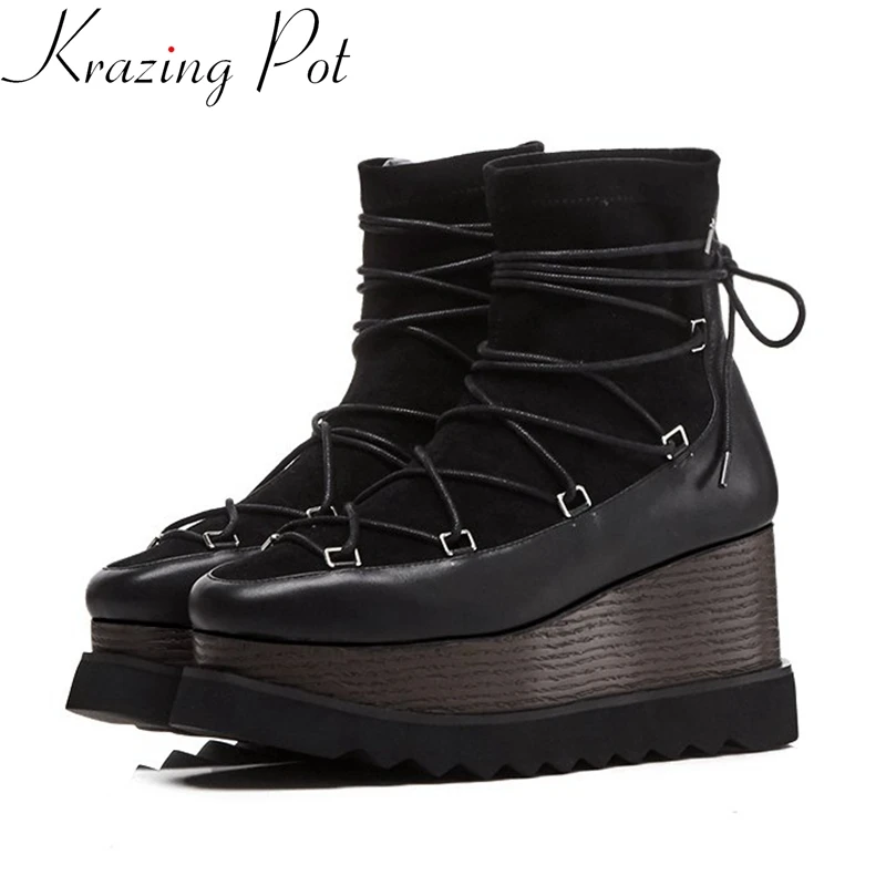 

Krazing pot cow leather stretch flock winter boots fashion platform cross-tied decoration high heels runway punk ankle boots L99