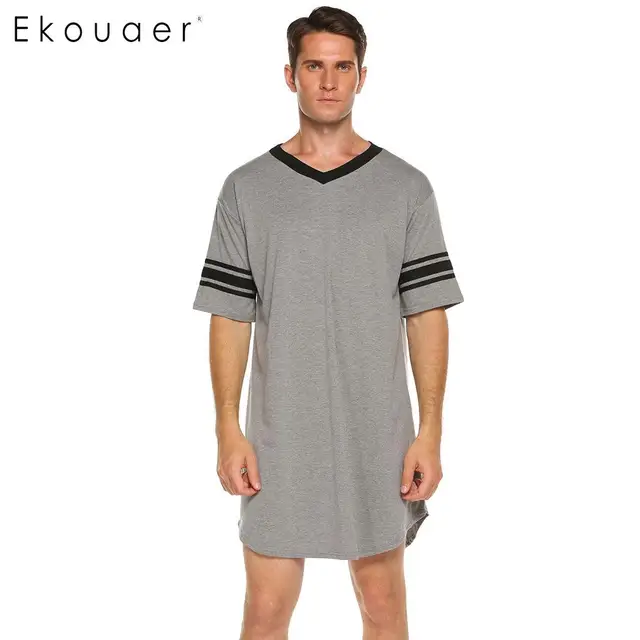 Ekouaer Men Sleepwear Long Nightshirt Short Sleeve Nightwear Night