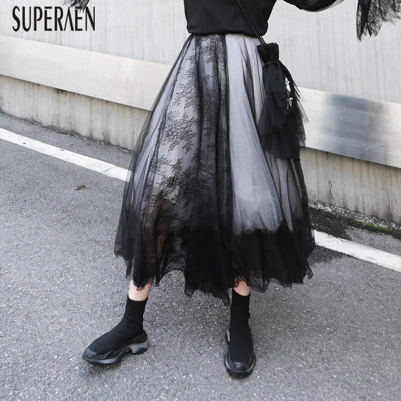 Mujeres Las Falda Verano Costura Nuevo Y Casual Salvaje Moda Encaje Superaen Faldas Black Malla 2019 Primavera Europa Mujer De qwY4x401p