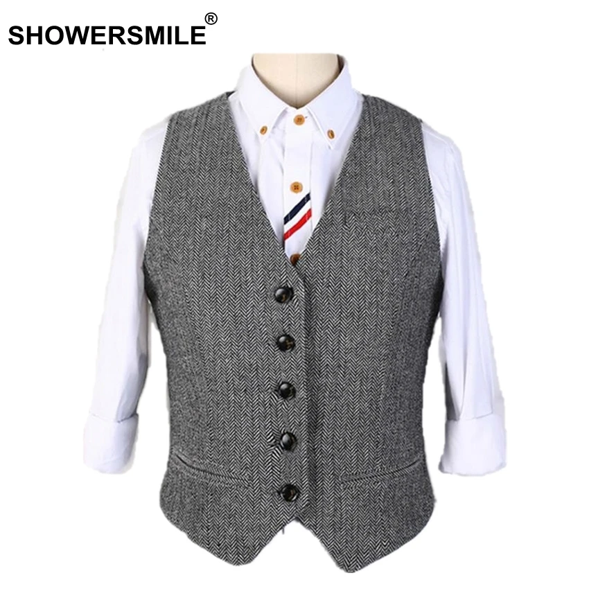 SHOWERSMILE Grey Suit Vest Women Sleeveless Jacket Female Slim Fit Striped Gray Herringbone Waistcoat England Style Clothes