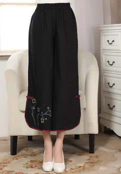 

Black Chinese Style Women's Wide Leg Pant Traditional Printed Cotton Linen Trousers Mid Waist Loose Pants Flower M L P0012A
