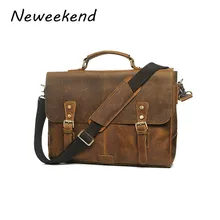 NEWEEKEND Retro Casual Genuine Leather Crazy Horse 14 Inch Cowhide Crossbody Briefcases Handbag laptop Ipad Bag for Man YD-8048