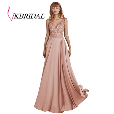 VKbridal Tank Top Lace Prom Gowns Long Deep V Neck Chiffon Bridesmaid Dresses Plus Size - Цвет: Light Pink