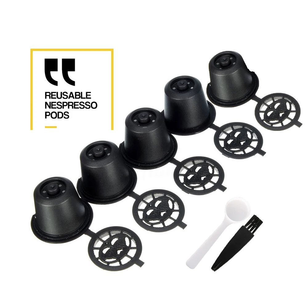 

5x Coffee Filters Reusable Refillable Replacement Coffee Capsule Eco-friendly Filters for Nespresso with Spoon and Brush 20ML