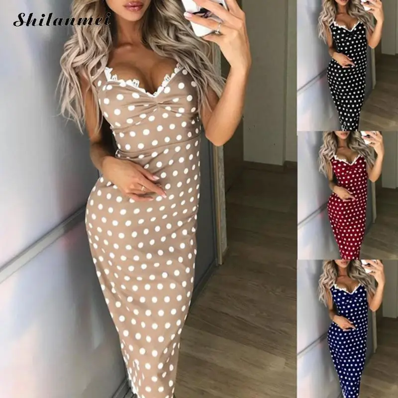 

2019 Bodycon Dress Summer Dress Sexy Deep V Neck Sleeveless For Women Polka Dot Lace Evening Party Vestidos Elegant Club Dresses