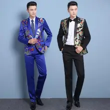 Синий, черный, плюс размер, китайский стиль, куртка, брюки, мужской костюм, Свадебный облегающий наряд, для ночного клуба, для мужчин, певица, костюм хост, комплект одежды
