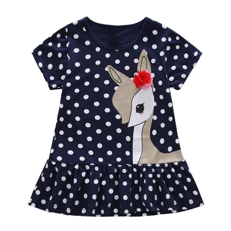 

Summer Polka Dot Cartoon Deer Short Sleeve Cotton Dress Girls Kids Clothes