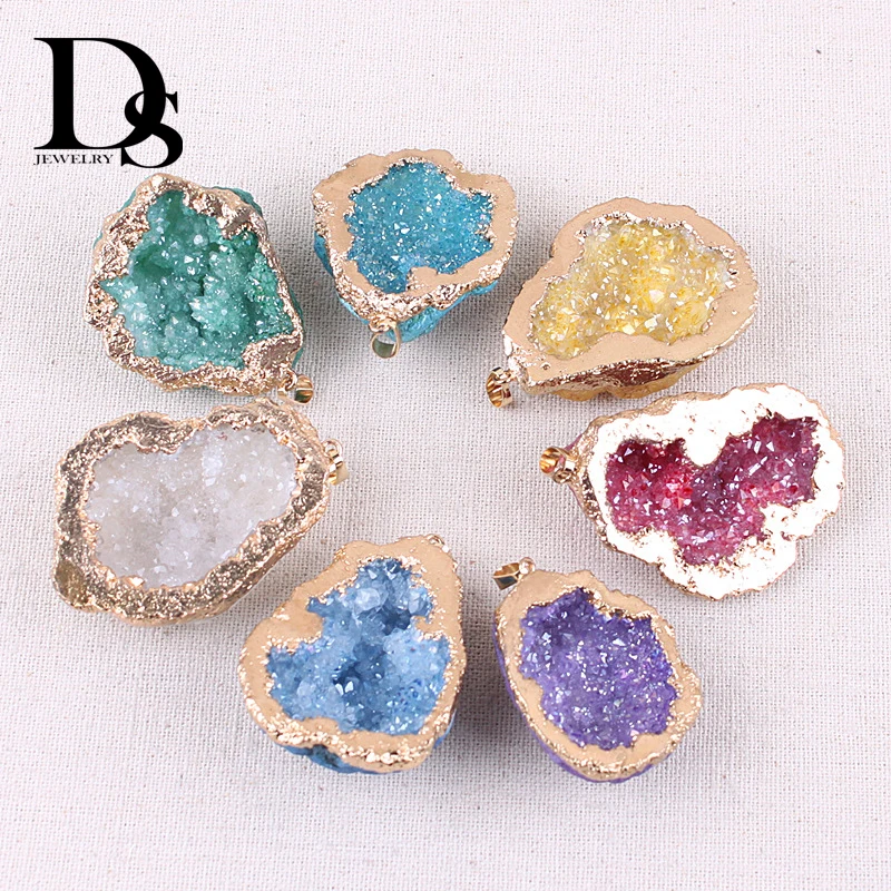 

Natural Agate Geode Slice Pendant Drusy Crystal Cluster Quartz Pendulum Electroplated Gold edge Woman Jewelry Wedding Gifts