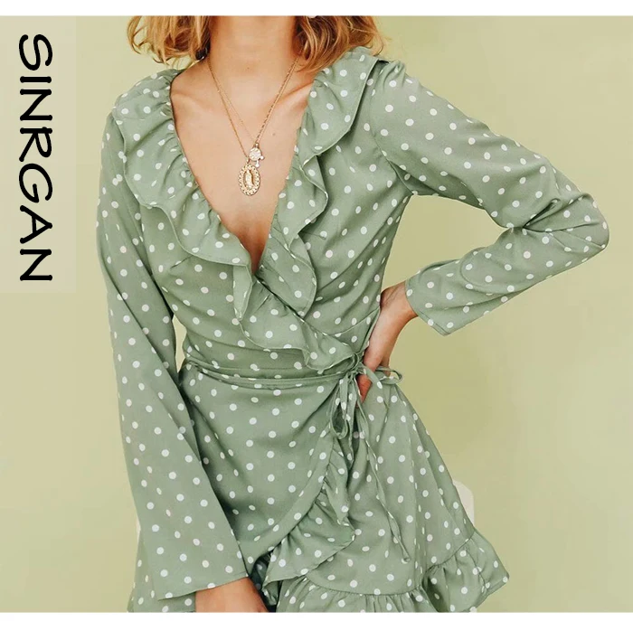 SINRGAN Ruffles Elegant Polka Dot Green Dresses v neck Long sleeve short mini vintage spring dress Bohemian vestidos