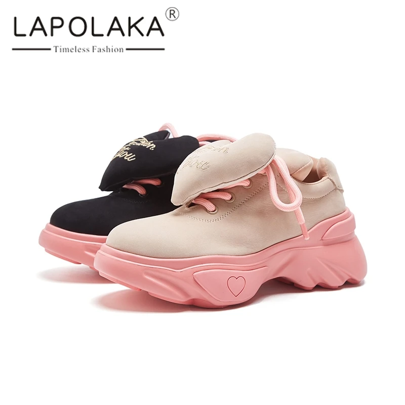

lapolaka Hot Sale 2019 Cow Leather Large Size 35-42 Lace Up Black Shoes Woman Sneakers New Fashion Casual Sneaker Women Shoes