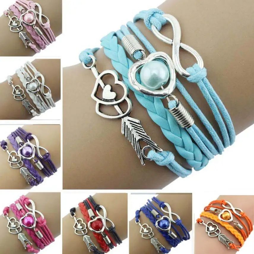 

Leather Bracelets For Women Wrap 2019 Infinity Love Heart Pearl Friendship Antique Charm Bracelet female Leather bracelet #L05