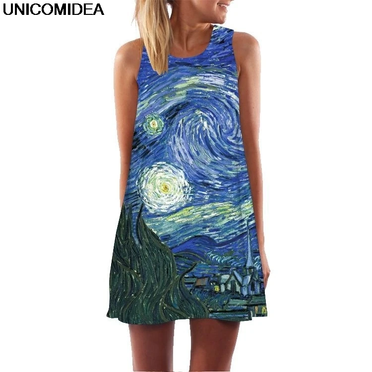 

New Van Gogh Starry Night Summer Beach Dress Women Sexy Sleeveless A Line Club Party Dresses Casual Flamingo Chiffon Shift Dress