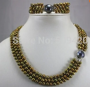 

hot sell >>>>3 row 6-7mm black/green/brown pearl shell clasp necklace bracelet set