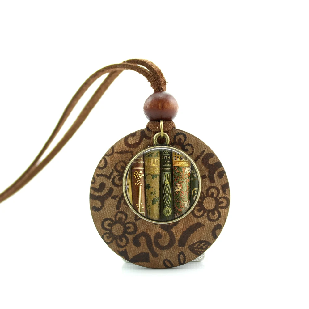 

2017 New Design Long Wood Necklaces Book Spines Pendant Vintage Book Jewelry Gift for Reader or Writer Picture Necklace NWL-002