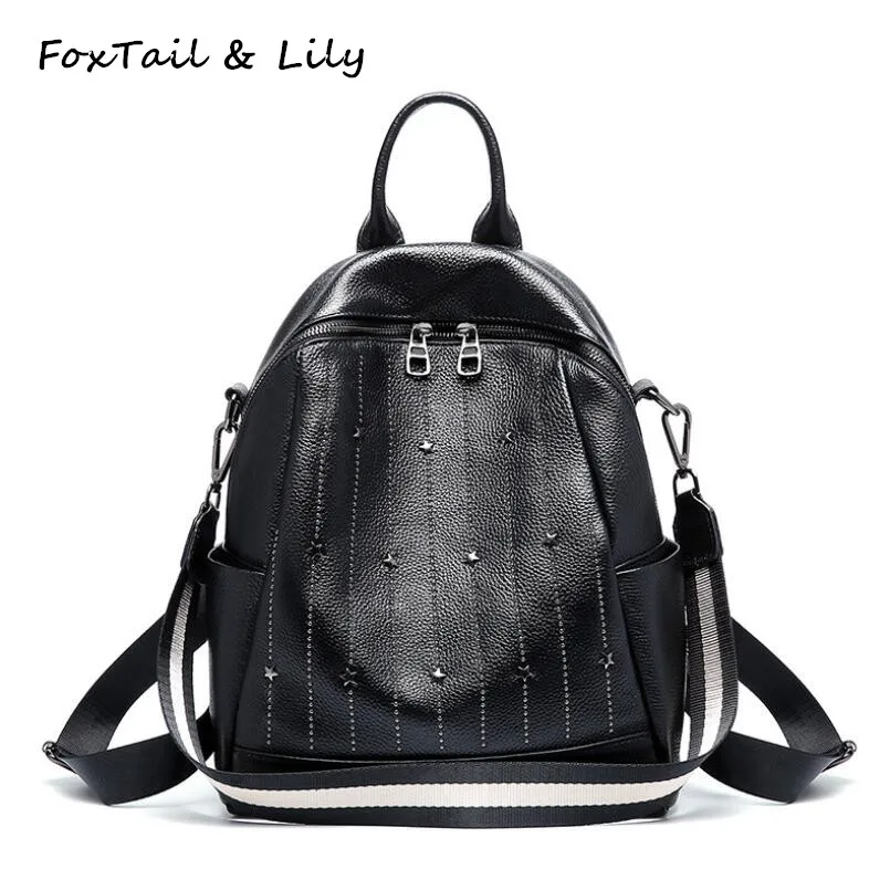 

FoxTail & Lily Fashion Rivets Striped Design Backpack Women Double Zipper Opening Genuine Leather Shoulder Bag School Backpacks