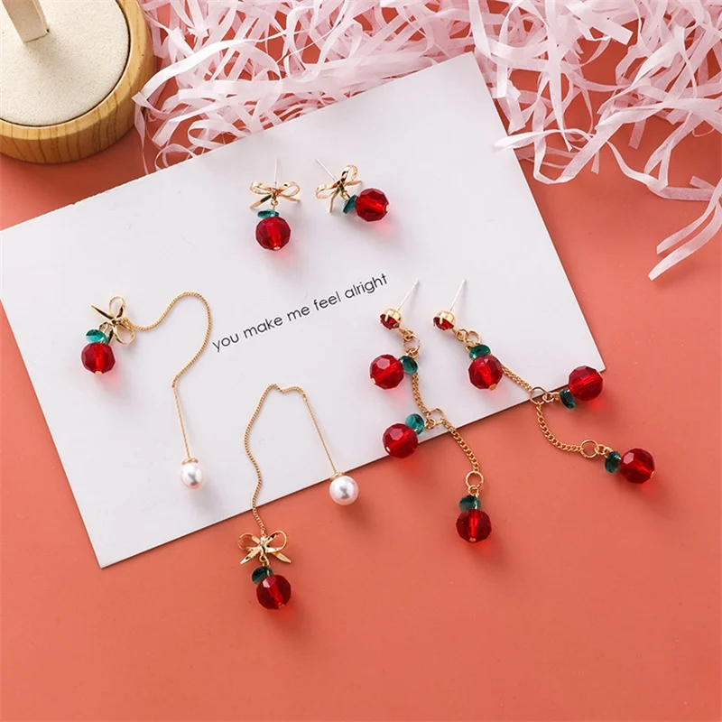 

Japanese and Korean Harajuku Style Fashion Beaded Cherry Fruit Earrings Women's Sweet and Lovely Long Tassel Bow Red Earrings 25