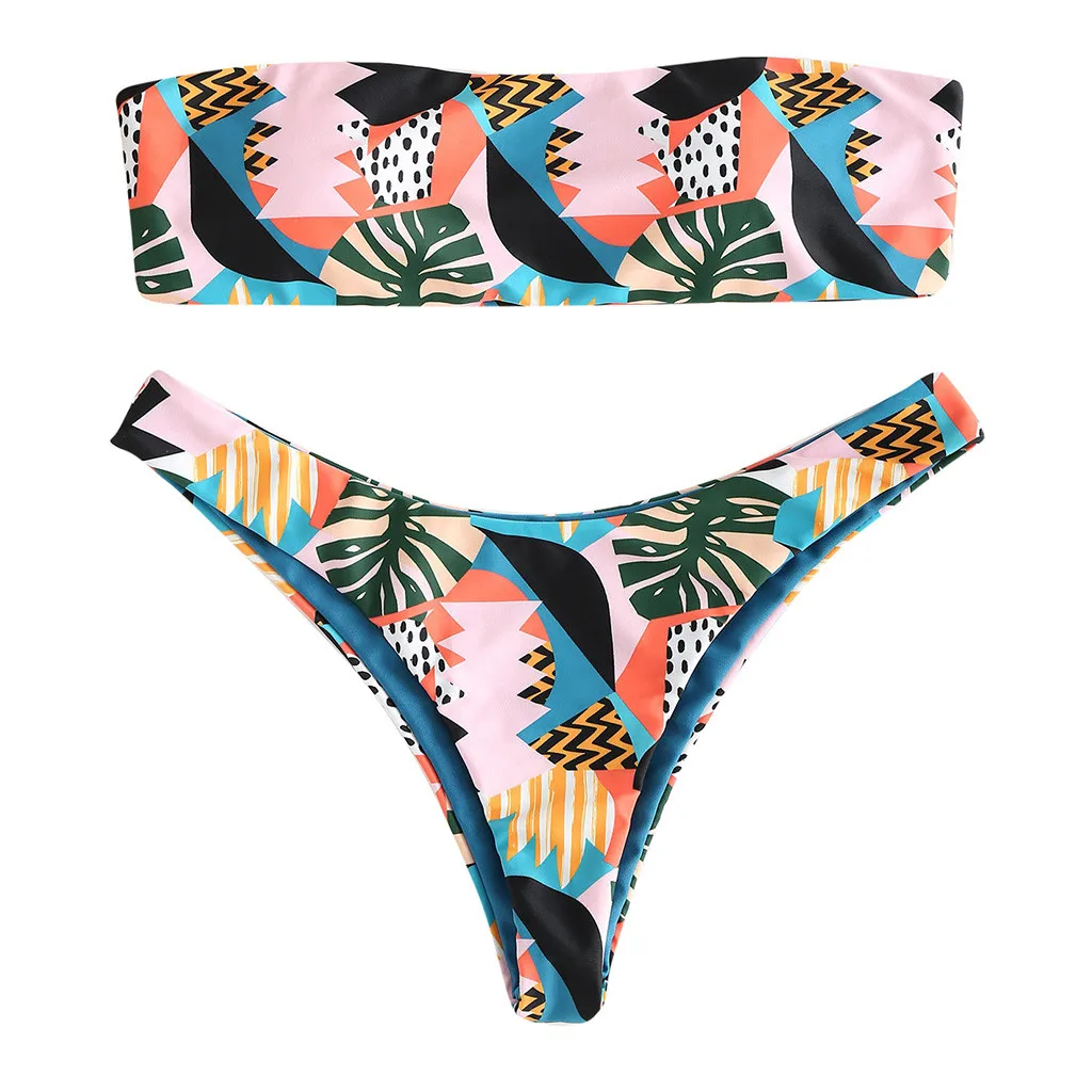 

Bikini Mujer Tube Top Digital Double-Sided Print Split Bathing Swimming Wearing Small Bust Thicker Breathable Insert Sponge#EX