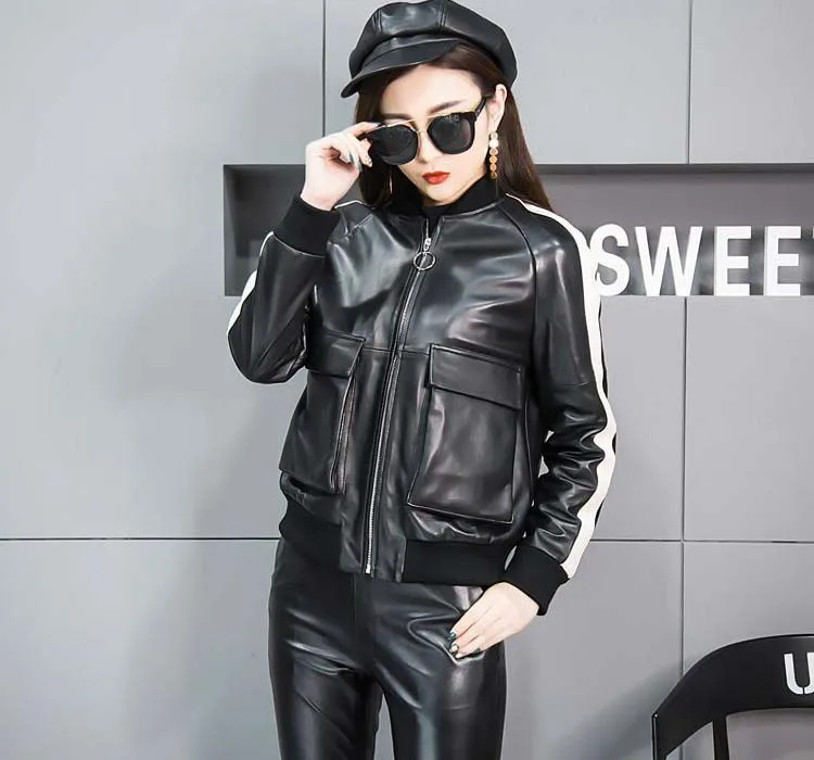 

2019 Spring autumn fashion women's genuine sheepskin leather coat motorcycle jacket for lady female black and white patchwork