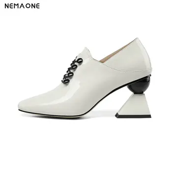 

NEMAONE 2019 new Genuine Leather lace up women pumps Classic Spring Autumn strange High Heels Women Shoes large size 43