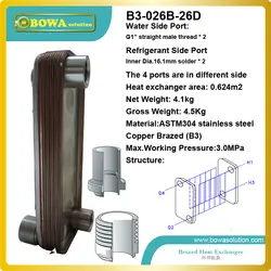 B3-026b-26d медь Паяные нержавеющей стали большая дыра типа плиты теплообменник для нагрева оборудования и охладитель воды 7kw (r22)