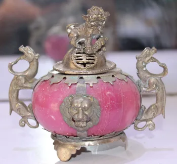 

song voge gem S0016 China Tibet Silver Dragon Lion Kylin Foo Fu Dog Red Jade Incense Burner Censer