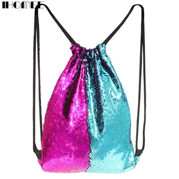 

IHOMEE Women Girls Rainbow Color Mermaid Drawstring Bag Magic Reversible Sequins School Bag Travel Backpack Packet Drop Shipping