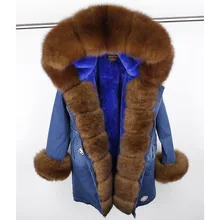Длинная модная зимняя женская куртка деним Одежда для улицы Пальто с натуральным мехом лисы Капюшон Теплые парки