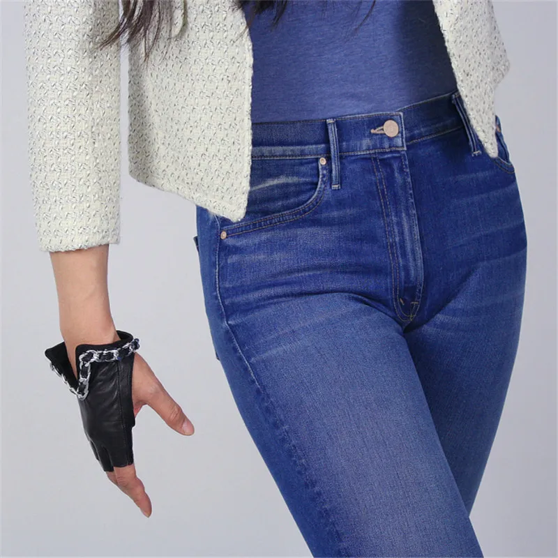 Genuine Leather Gloves Pure Goatskin Black Semi-Finger Ultra Short Touch Screen Female Mittens Silver Chain Decoration TB79-1