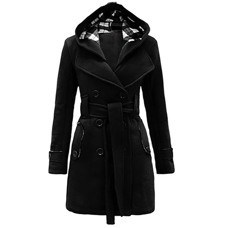 Новая женская модная теплая куртка с капюшоном двубортная Длинная ветровка с поясом