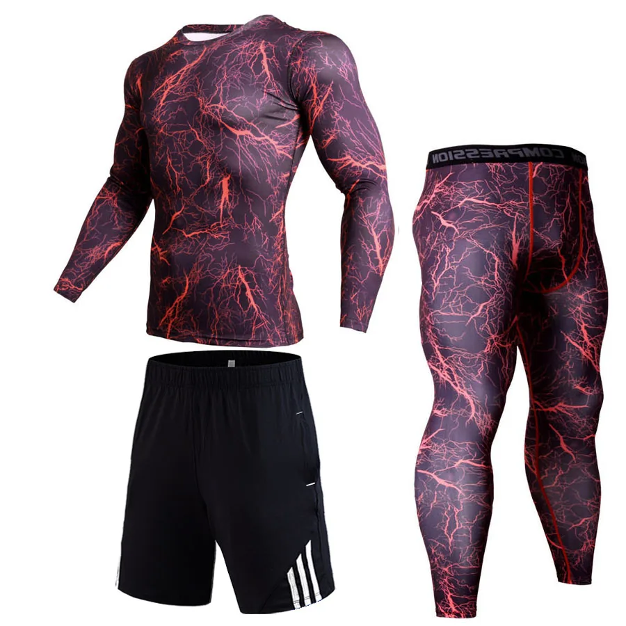 Compression Clothing Running Suit Camouflage Suit Fieece Leggings Men's Sports Suit Warm Men's Tracksuit Thermal underwear 4XL - Цвет: Red lightning