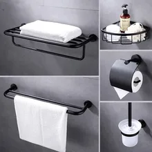 Набор из 5 предметов для ванной комнаты, крючок для полотенец, вешалка для полотенец, туалетная бумага, щетка, корзина для ванной, нержавеющая сталь, черный
