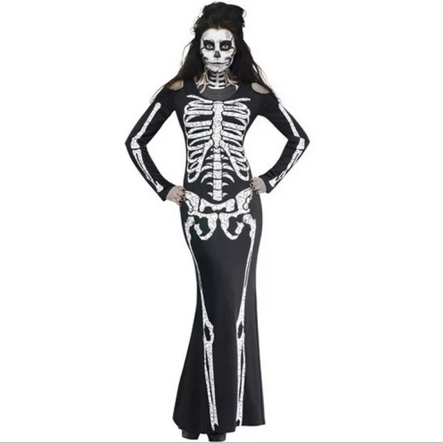 

Adult Carnival Halloween Role Playing Costumes Scary Devil Witch Skull Skeleton Costume Women Nightclub Party Cosplay Dress