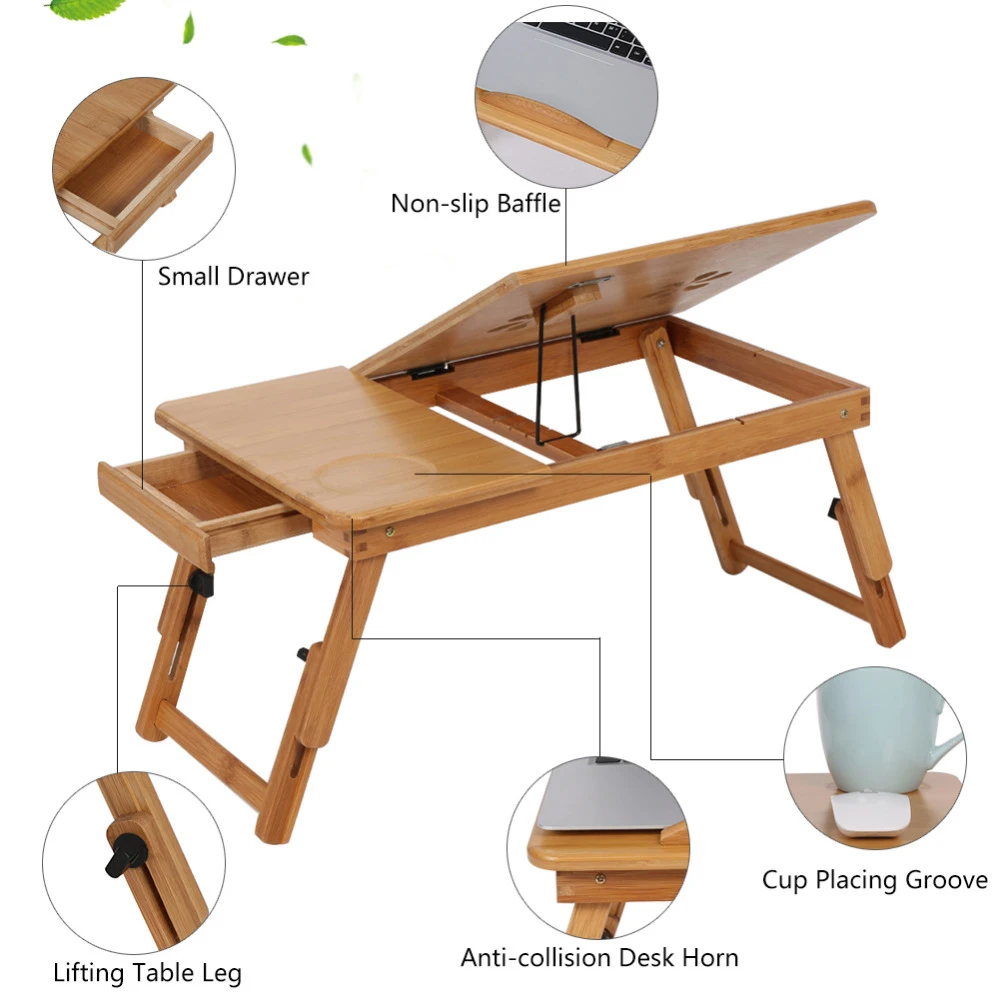 Portable Bamboo Laptop Desk Table Folding with Drawer