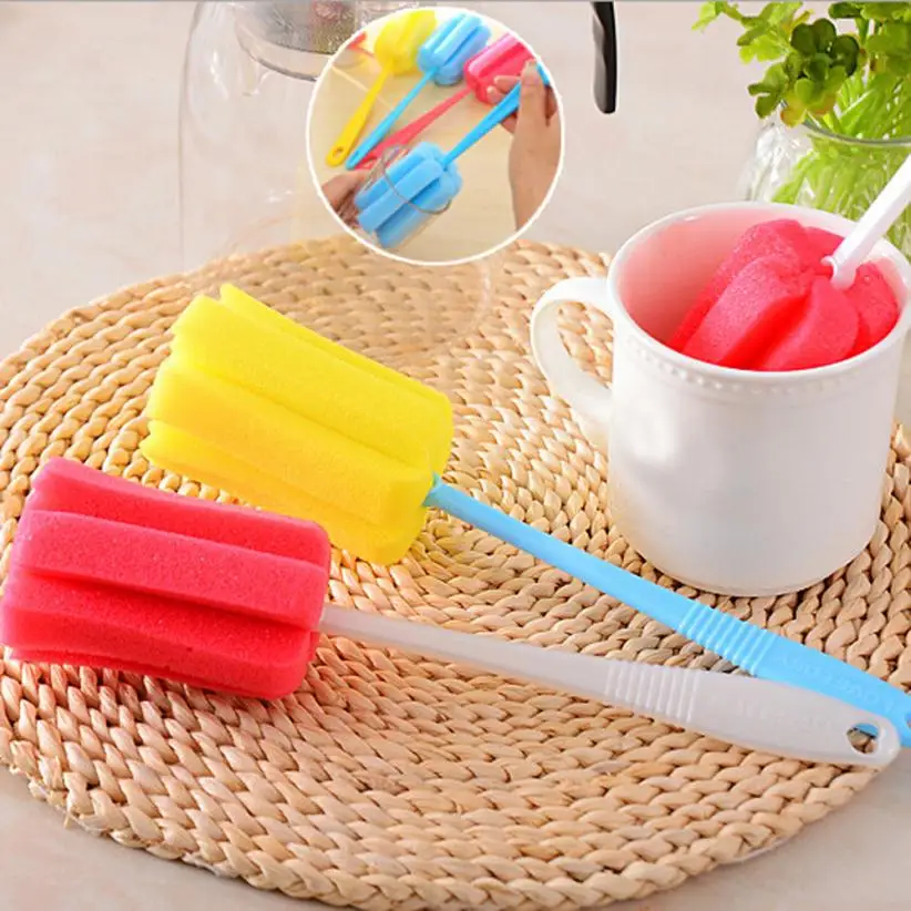3PCS Kitchen Sponge Cleaning Brushes Long Handle Household Tool Sponge Brush For Wineglass