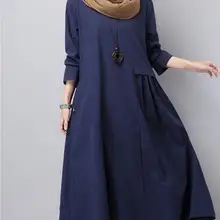 Льняное платье литературный сплошной цвет плиссированные модные длинные рукава свободные большой размер повседневные женские новые весна и осень